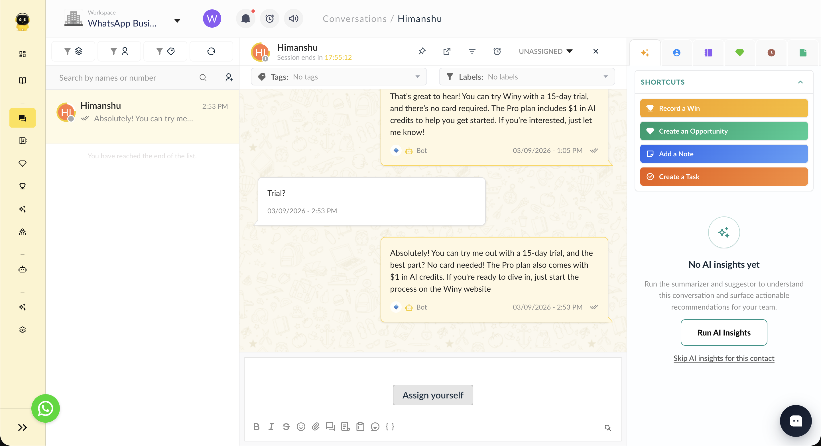 Winy conversations workspace with shortcuts for wins, opportunities, notes and tasks