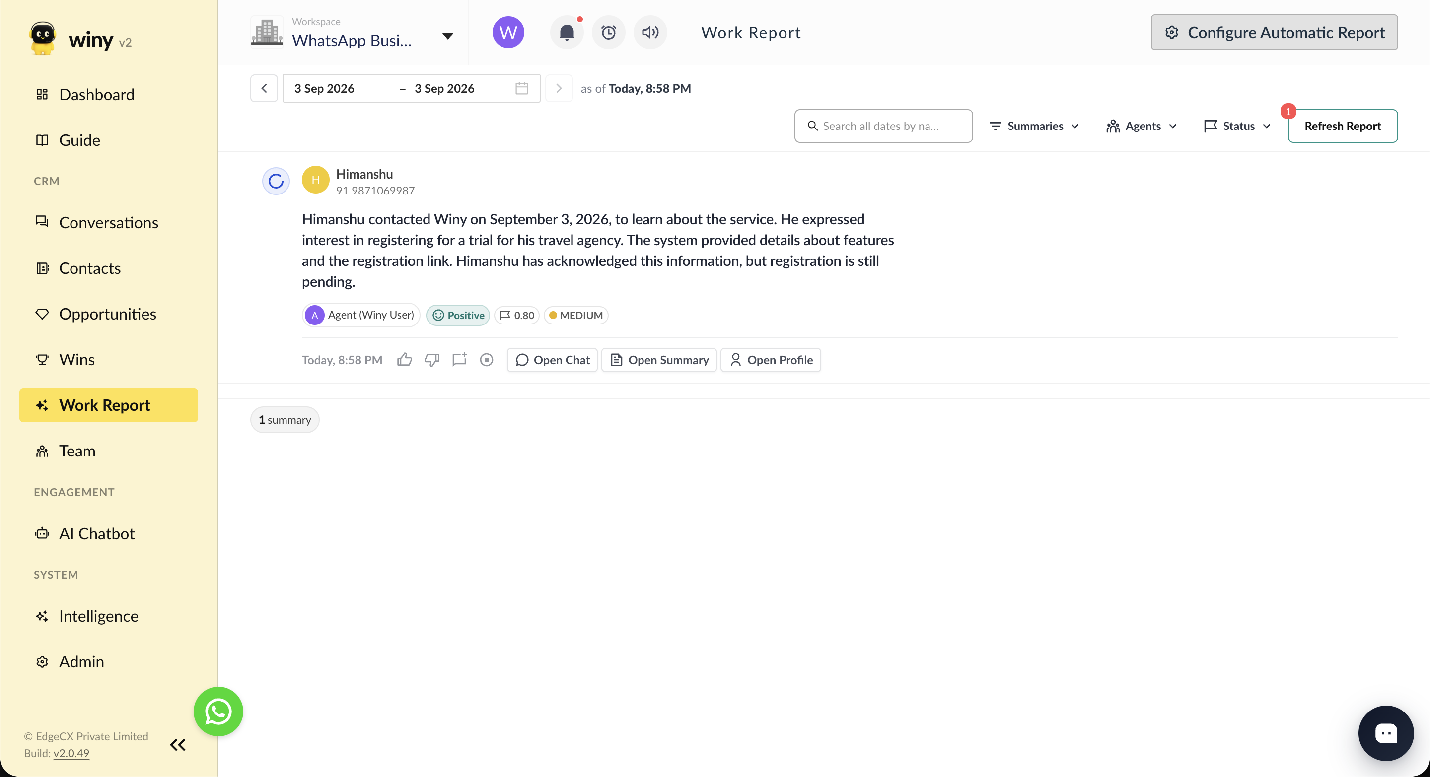 Winy AI work report interface